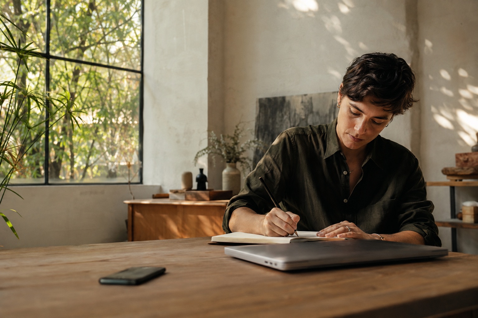 A person focused on their work in a sunlit studio, with their phone set aside